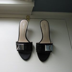Black Kitten Heel Slides with Metal Detail